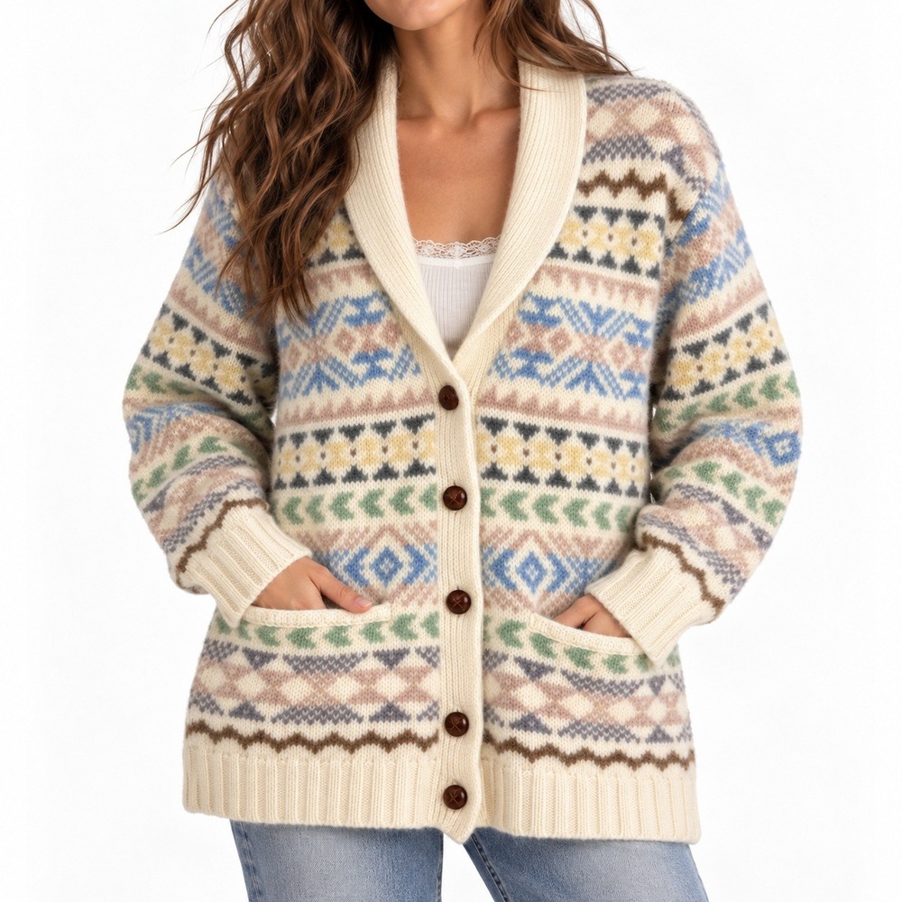 Vintage 90s Eddie Bauer Wool Cardigan Sweater Small Cream Fair Isle Shawl Collar